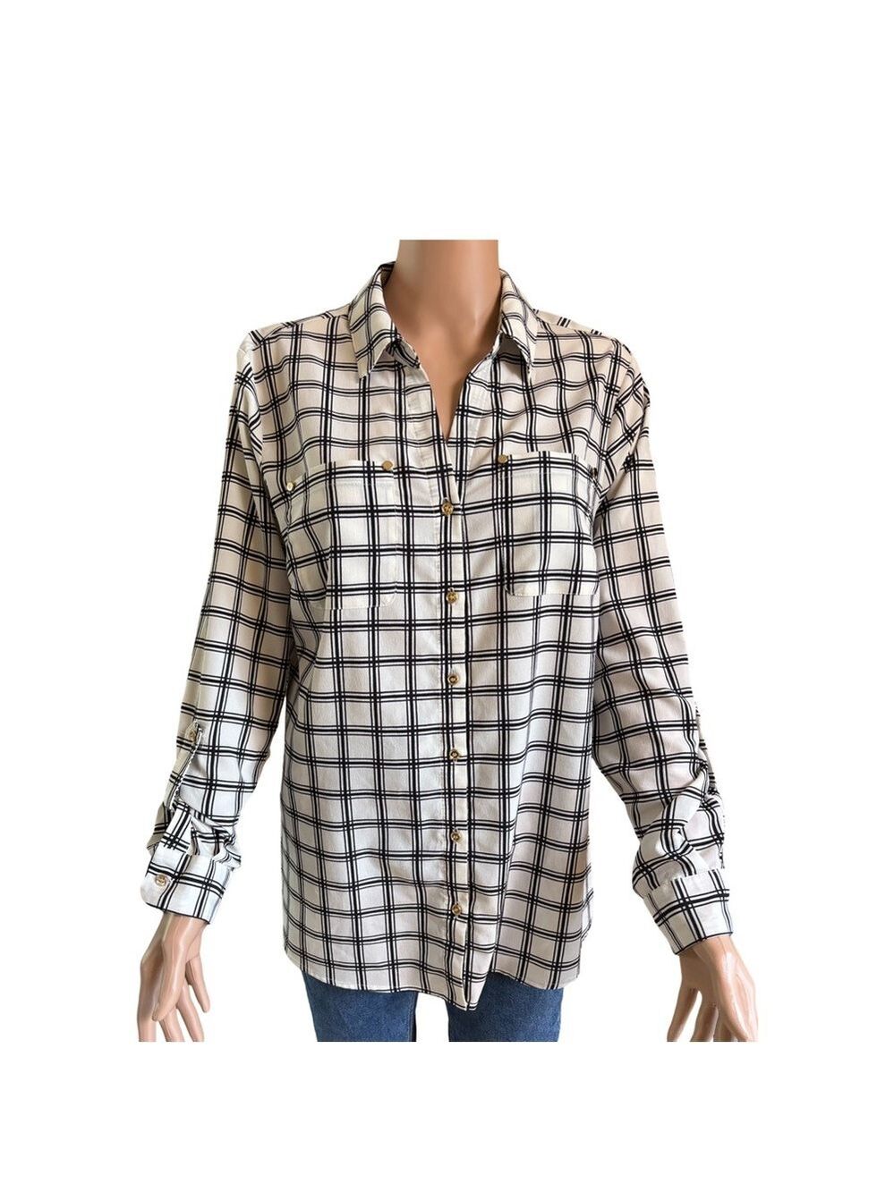 Charter Club Long Sleeve Black White Button Down Shirt